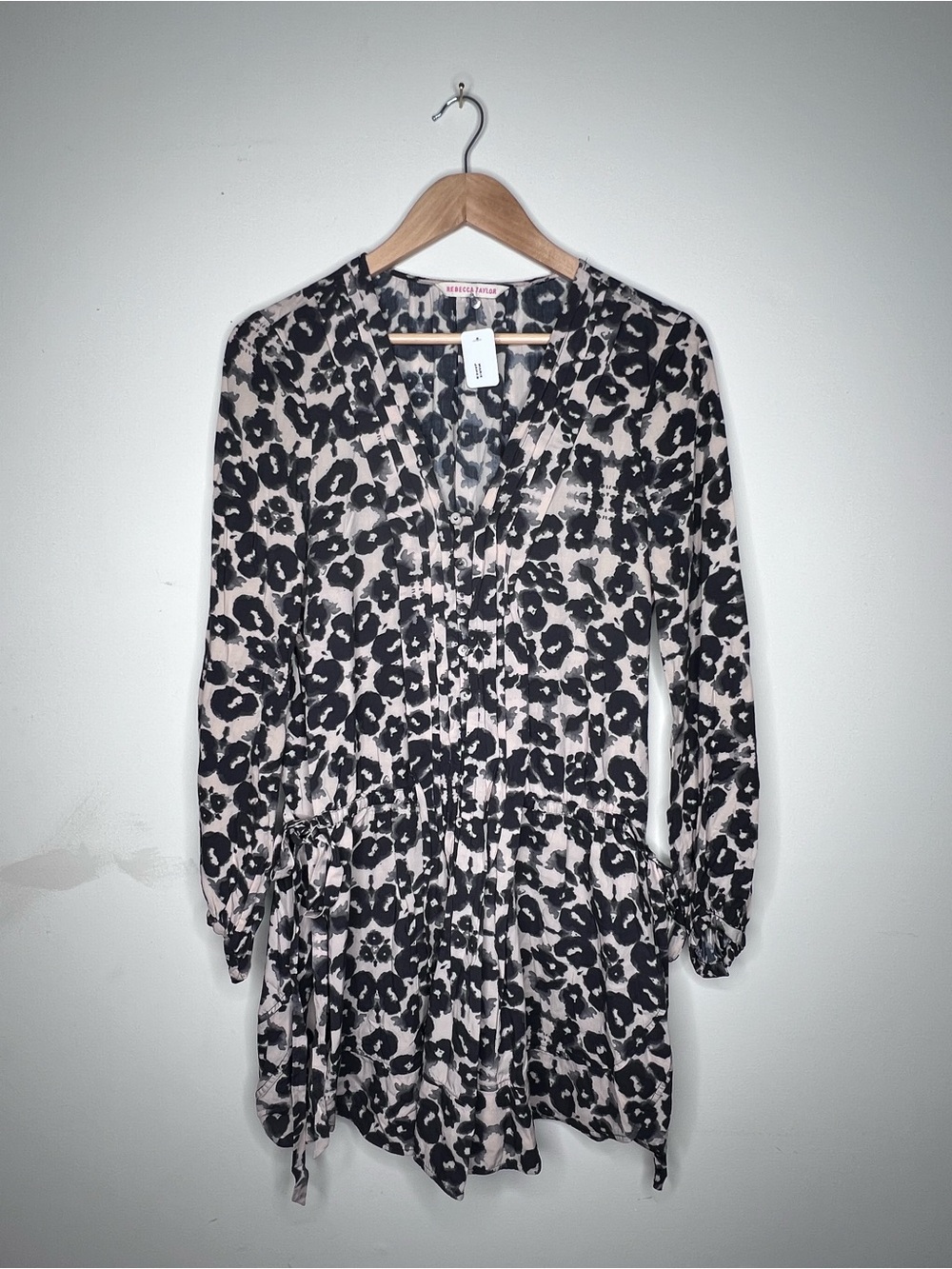 Rebecca Taylor Black and Cream Leopard-Print Long Sleeve Tunic Dress